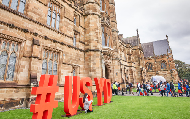 Students attend the University of Sydney Open Day and pose for photos